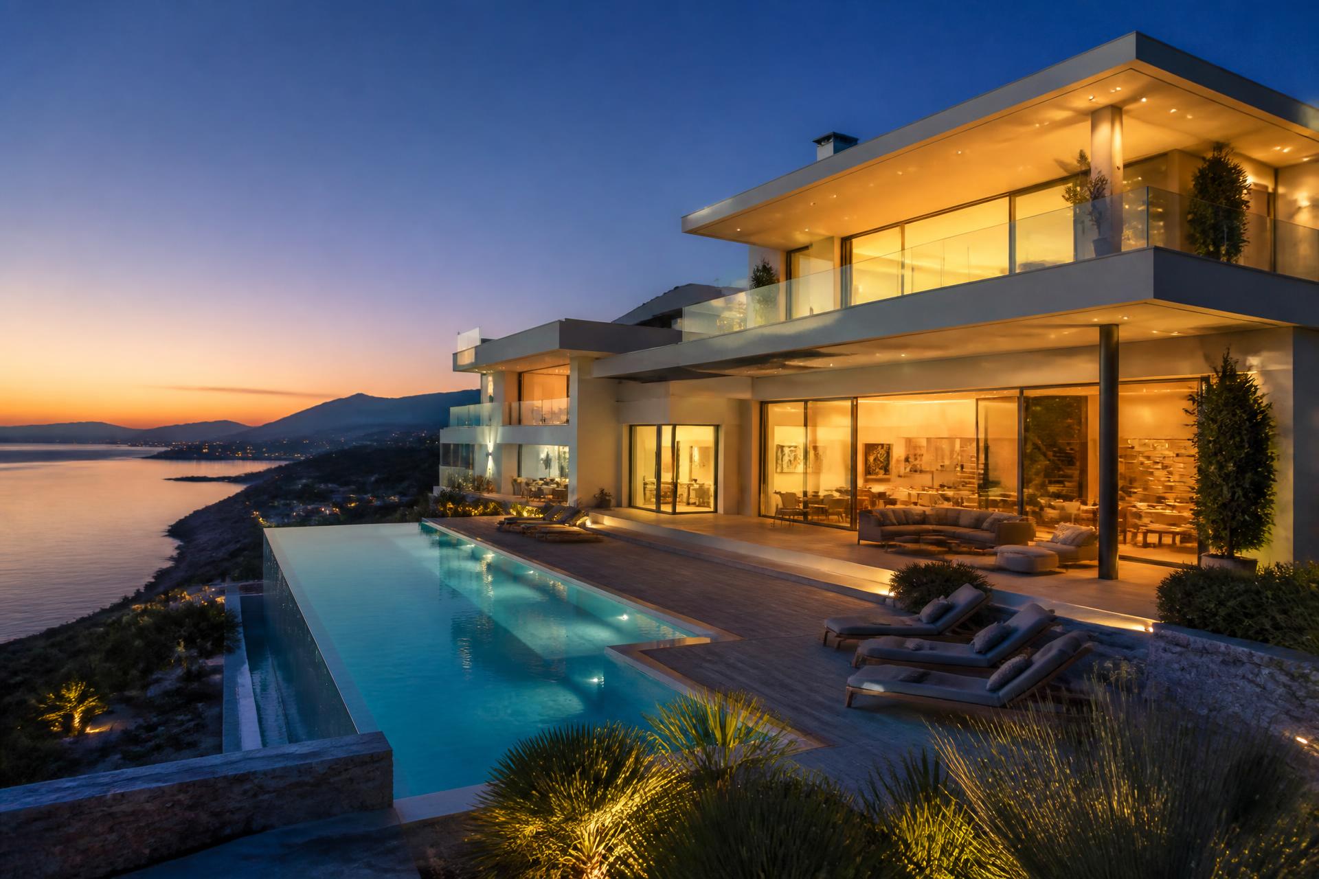 Luxury hillside estate at twilight